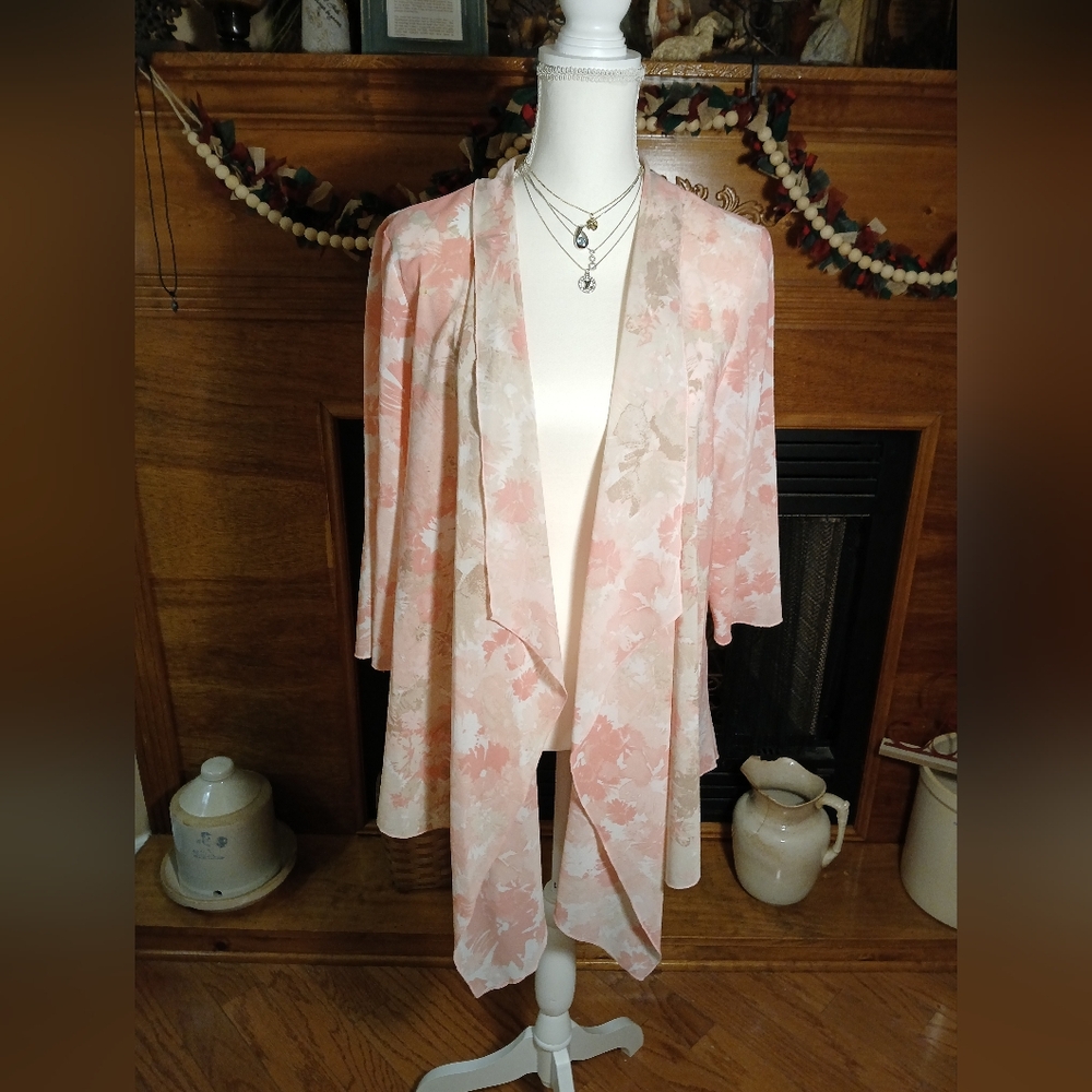Ruby Rd Lady's Floral Chiffon Kimono Watercolor's Of Pink & Peach